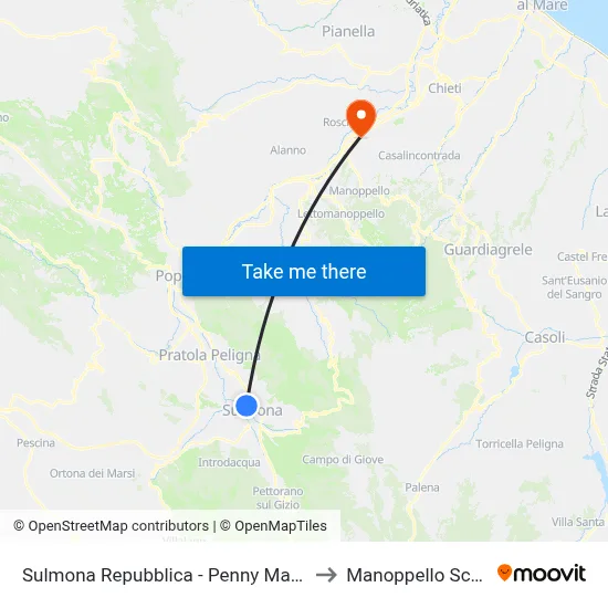 Sulmona Repubblica - Penny Market to Manoppello Station map