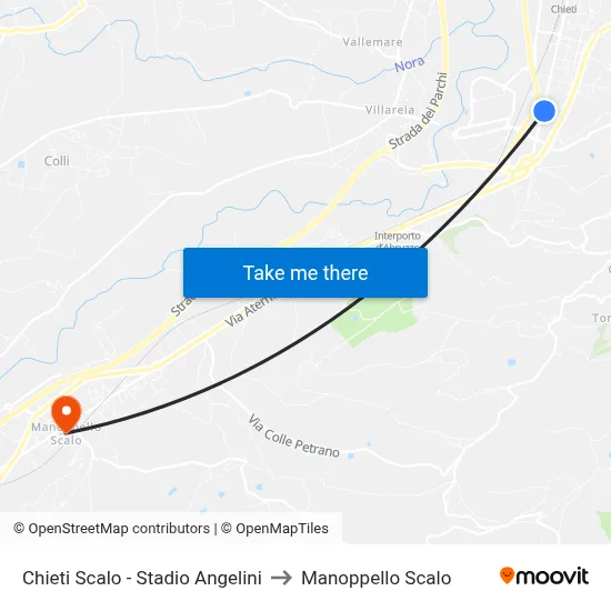 Chieti Scalo - Angelini Stadium to Manoppello Station map