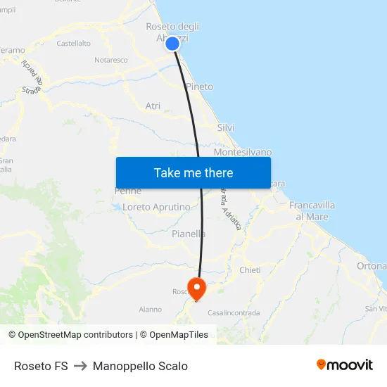 Roseto Station to Manoppello Station map