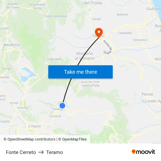 Fonte Cerreto to Teramo map