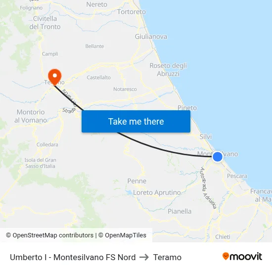 Umberto I - Montesilvano FS Nord to Teramo map