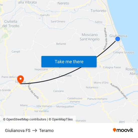 Giulianova FS to Teramo map