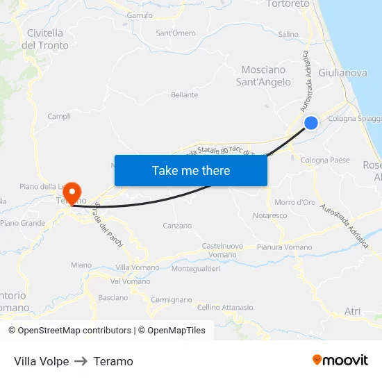 Villa Volpe to Teramo map
