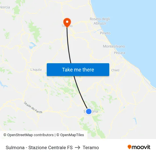 Sulmona - Central Railway Station to Teramo map