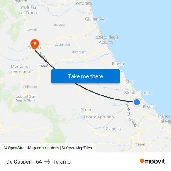 De Gasperi - 64 to Teramo map