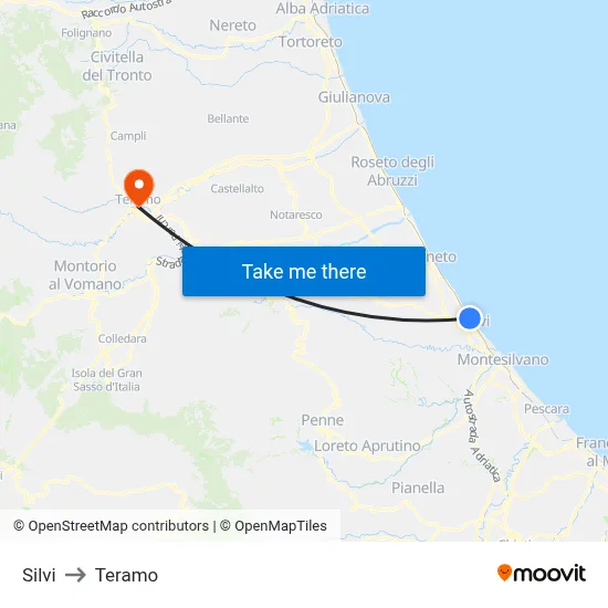 Silvi to Teramo map