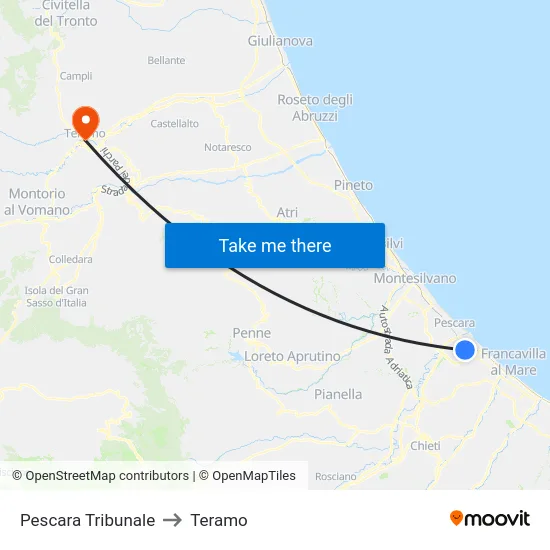 Pescara Tribunale to Teramo map