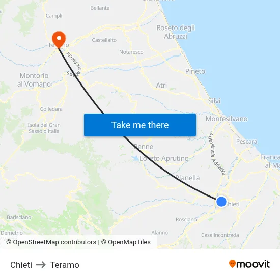 Chieti to Teramo map
