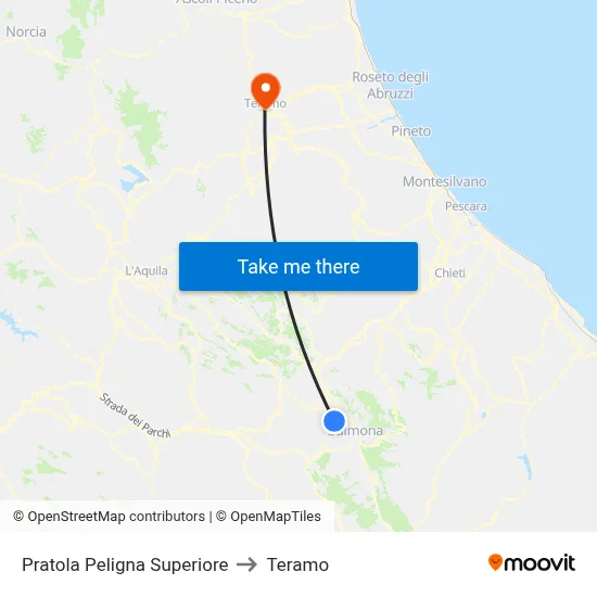 Upper Pratola Peligna to Teramo map