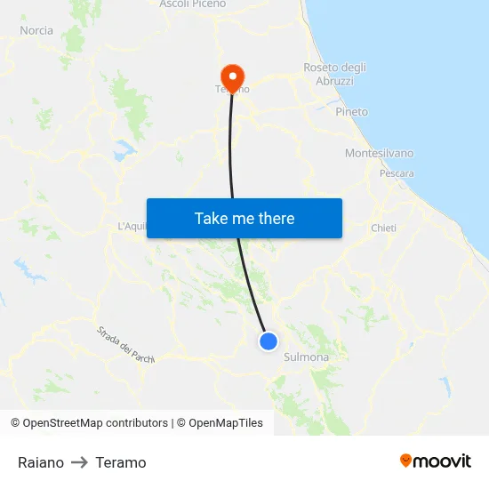 Raiano to Teramo map