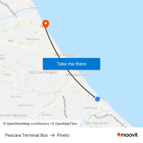 Pescara Bus Terminal to Pineto map
