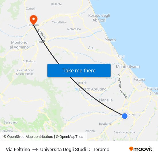 Via Feltrino to Università Degli Studi Di Teramo map