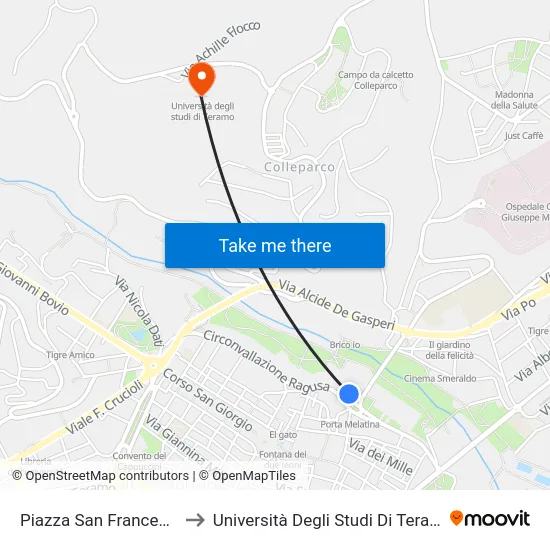 Piazza San Francesco to Università Degli Studi Di Teramo map