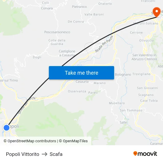 Popoli Vittorito to Scafa map