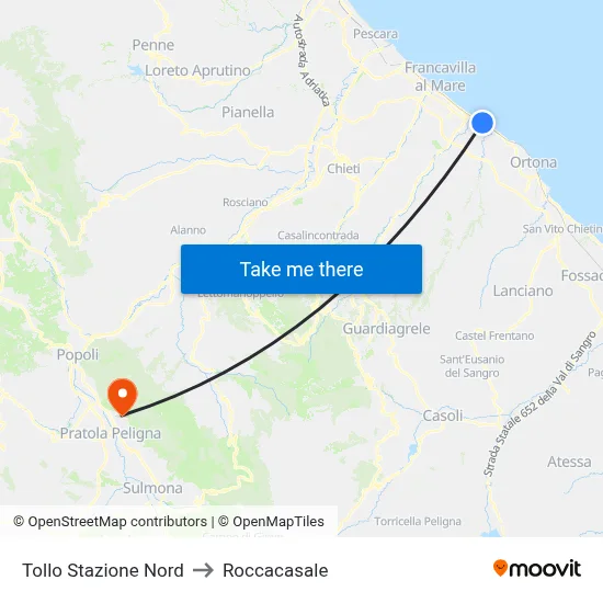 Tollo North Station to Roccacasale map