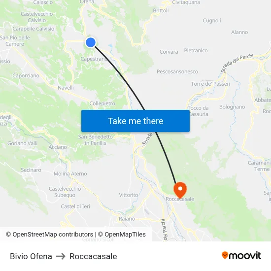 Ofena Junction to Roccacasale map