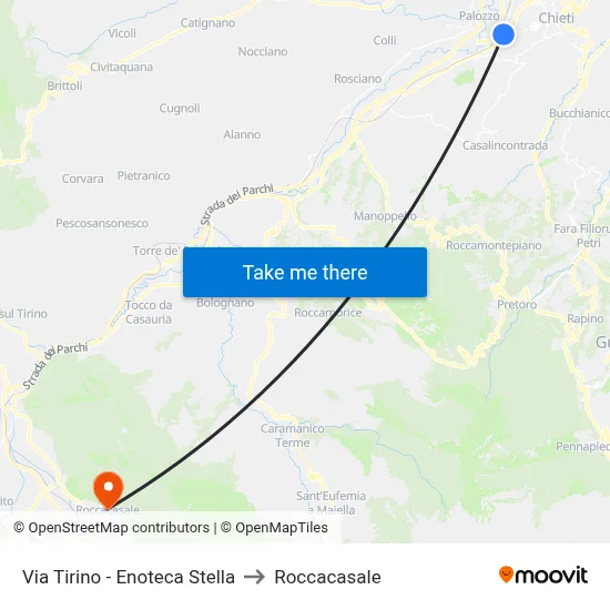 Via Tirino - Stella Wine Shop to Roccacasale map
