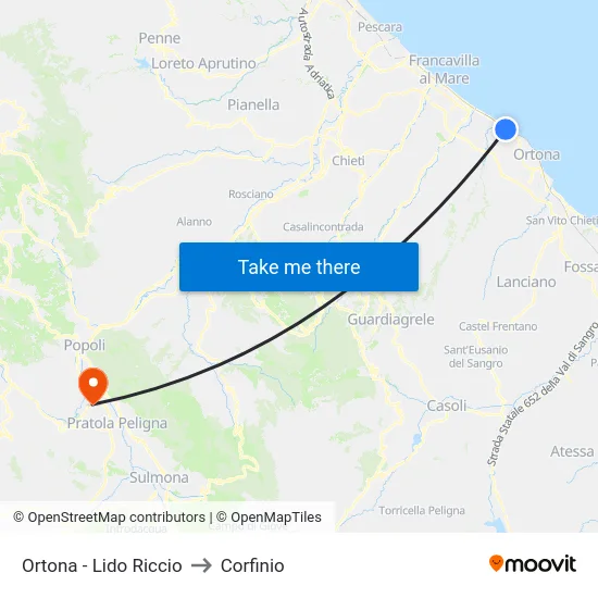 Ortona - Lido Riccio to Corfinio map