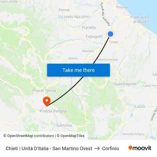 Chieti | Unità D'Italia - San Martino Ovest to Corfinio map