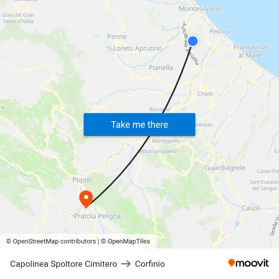 Spoltore Cemetery Terminal to Corfinio map