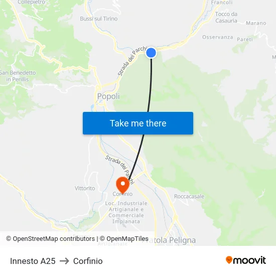 Innesto A25 to Corfinio map