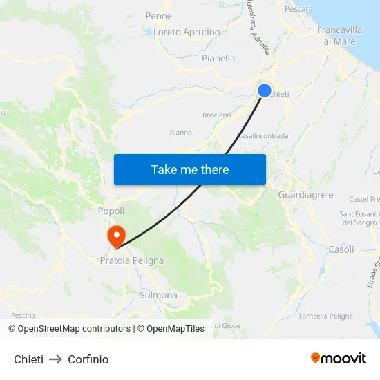Chieti to Corfinio map
