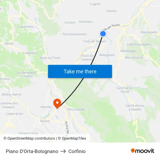 Piano D'Orta-Bolognano to Corfinio map