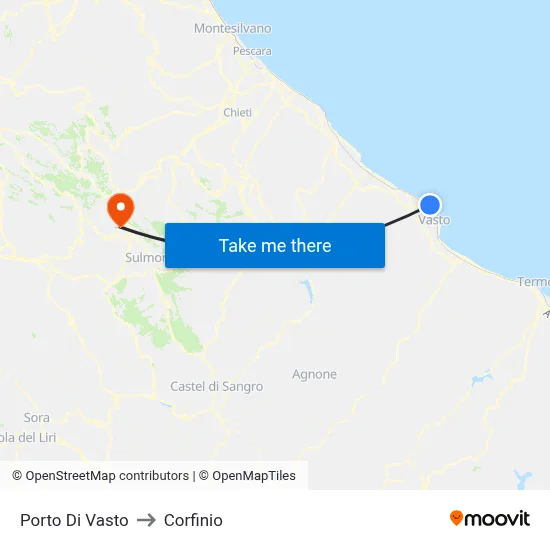 Port of Vasto to Corfinio map