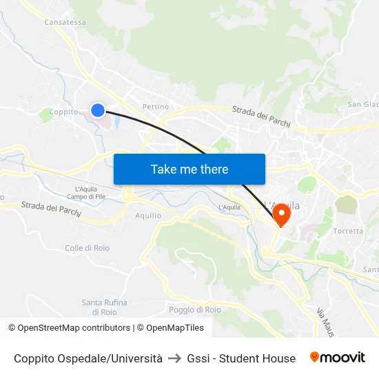 Coppito Hospital/University to GSSI - Student House map
