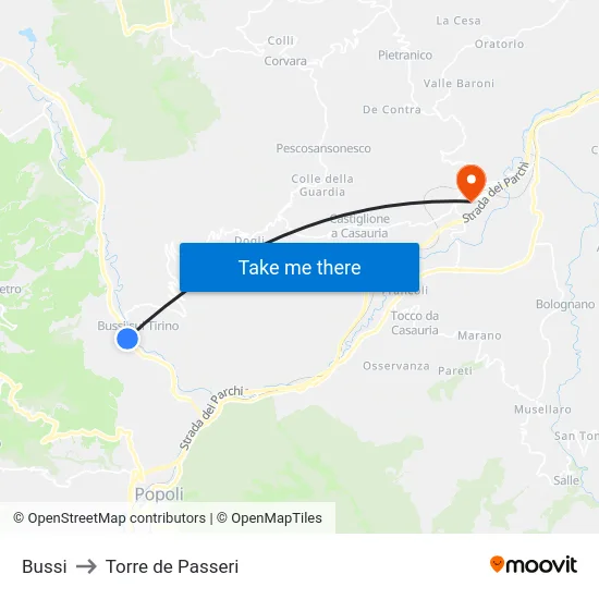 Bussi to Torre de Passeri map