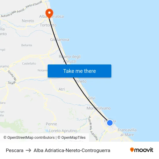 Pescara to Alba Adriatica-Nereto-Controguerra map