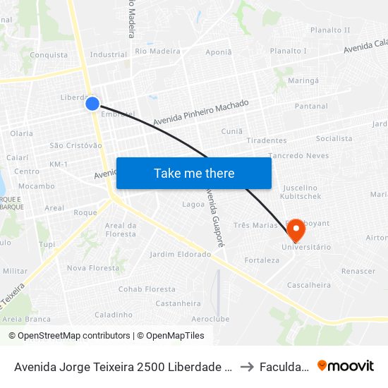 Avenida Jorge Teixeira 2500 Liberdade Porto Velho - Ro 78905-160 Brasil to Faculdade Uniron map