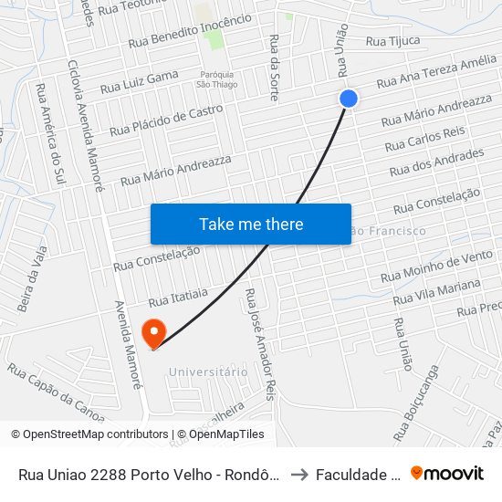 Rua Uniao 2288 Porto Velho - Rondônia 76828 Brasil to Faculdade Uniron map