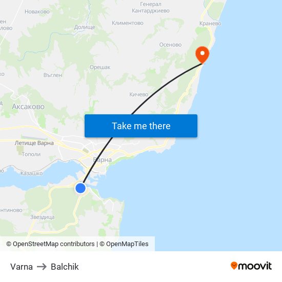 Varna to Balchik map