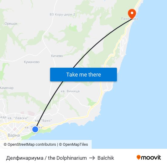 Делфинариума / the Dolphinarium to Balchik map