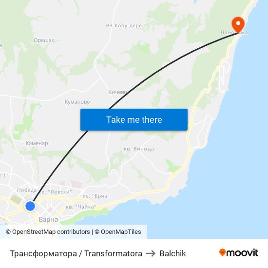 Трансформатора / Transformatora to Balchik map