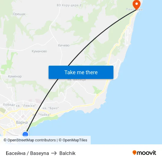 Baseyna to Balchik map