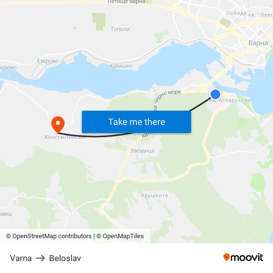 Varna to Beloslav map
