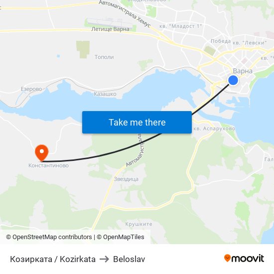 Козирката / Kozirkata to Beloslav map