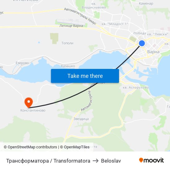 Трансформатора / Transformatora to Beloslav map
