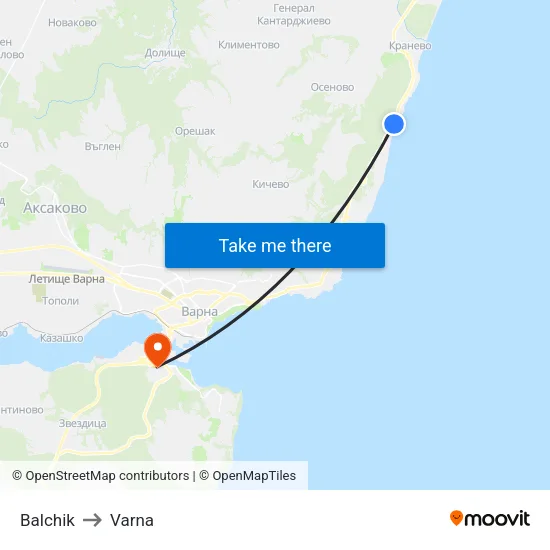 Balchik to Varna map
