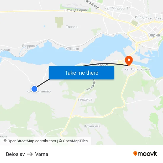 Beloslav to Varna map