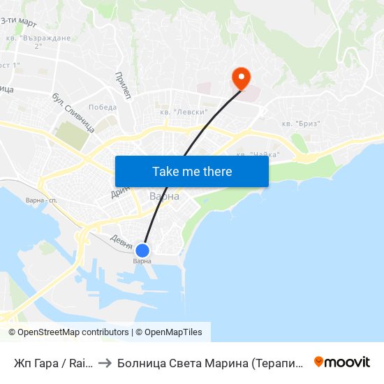 Жп Гара / Railway Station to Болница Света Марина (Терапията) (МБАЛ Света Марина) map