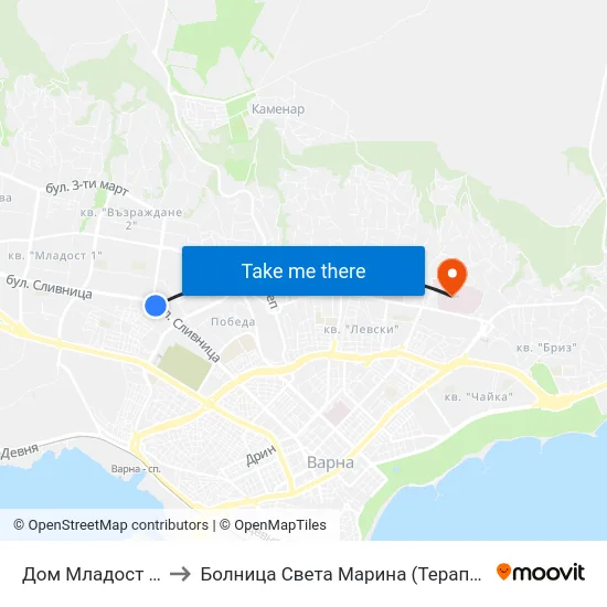 Дом Младост / Dom Mladost to Болница Света Марина (Терапията) (МБАЛ Света Марина) map