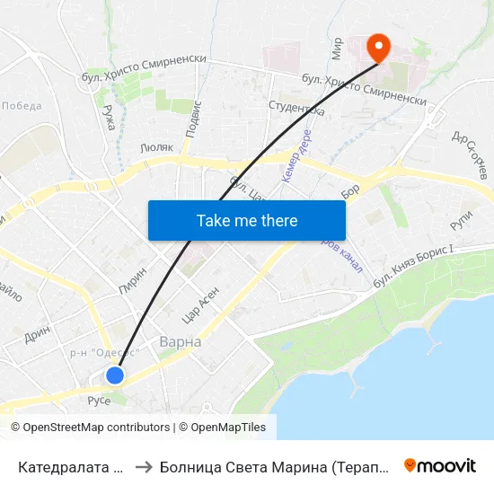 Катедралата / the Cathedral to Болница Света Марина (Терапията) (МБАЛ Света Марина) map