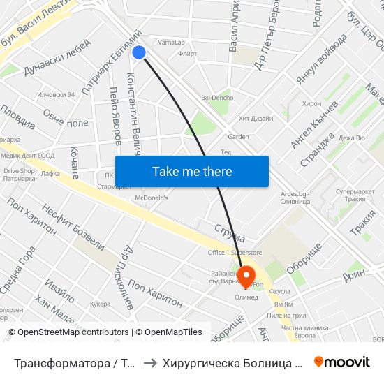 Трансформатора / Transformatora to Хирургическа Болница Проф. Темелков map