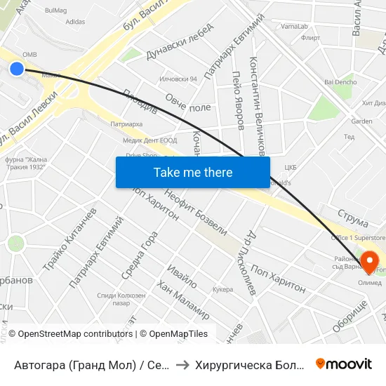 Автогара (Гранд Мол) / Central Bus Station (Grand Mall) to Хирургическа Болница Проф. Темелков map