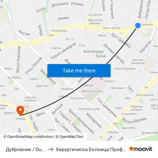 Дубровник / Dubrovnik to Хирургическа Болница Проф. Темелков map