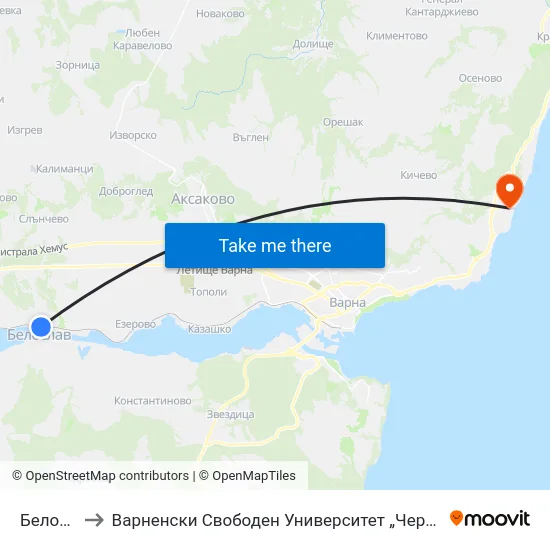 Белослав to Варненски Свободен Университет „Черноризец Храбър“ map