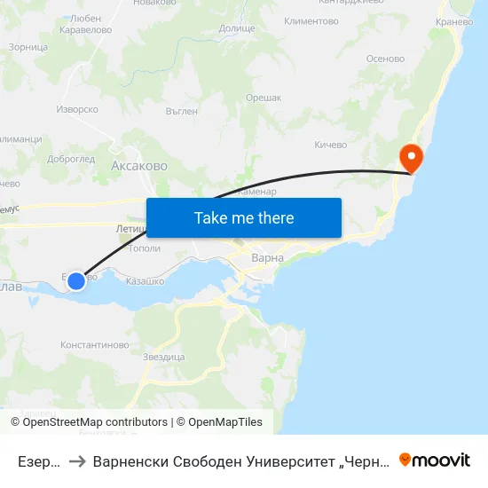 Езерово to Варненски Свободен Университет „Черноризец Храбър“ map
